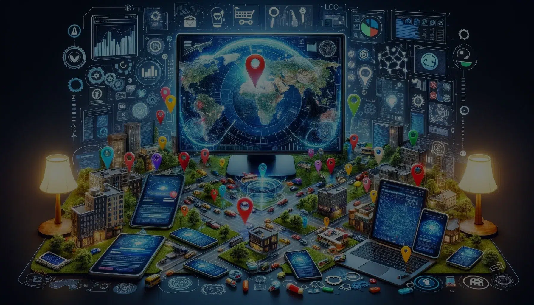 Digitale Weltkarte, Technologie und Standortmarkierungen.